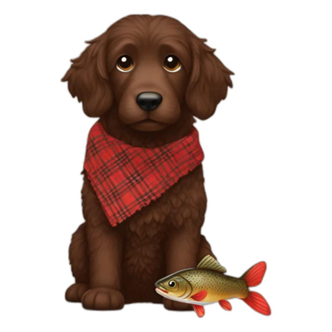 Chocolate brown colored doodle with a red and black flannel hankerchief holding a plush trout fish chew toy sticker
