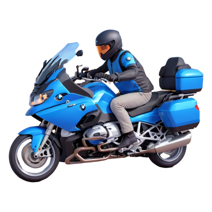 blue BMW RT1200 touring motorcycle with rider on open road sticker