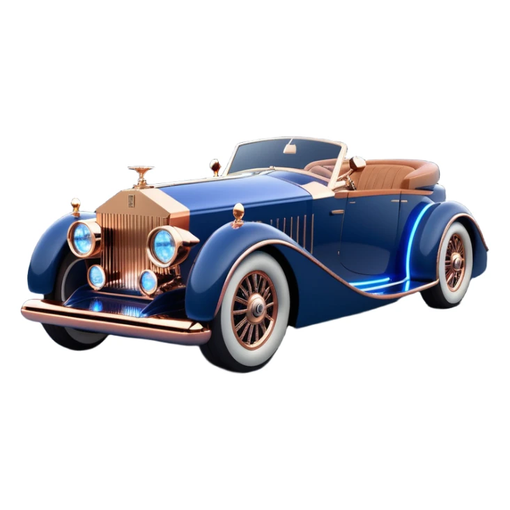 dark blue led lights on a streamlined hot rodded delicately inlaid rose gold and wood accentuated sporty 1889 Rolls Royce with futuristic electric spaceship plasma neon glowing motors and lightening dynamos with wide racing wheels that are held strong by advanced suspension and steering sticker