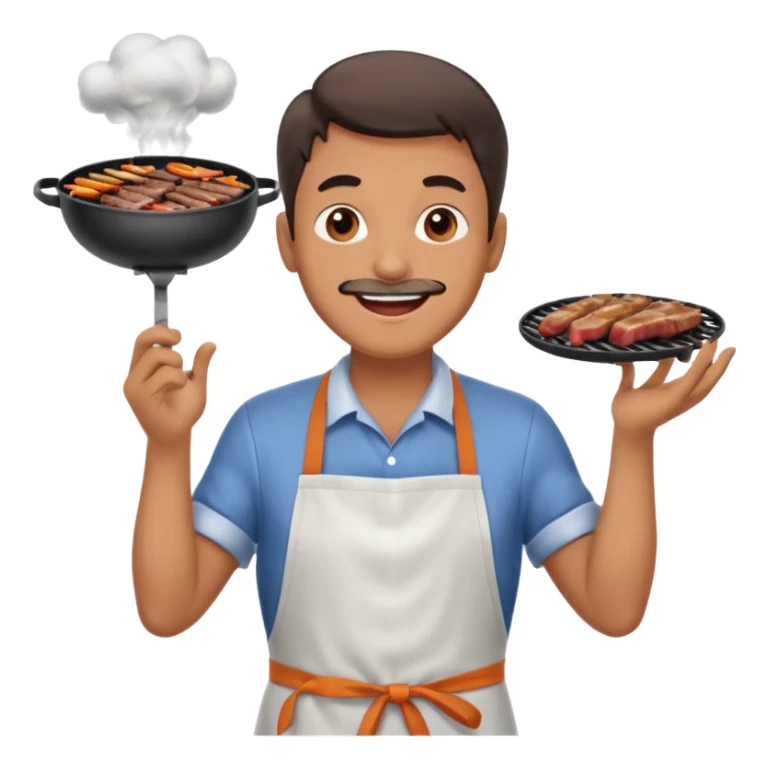 A cheerful man in an apron flipping meat on a sizzling grill with smoke puffing upward. sticker