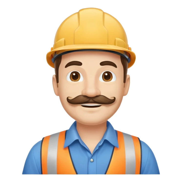 Construction owner, well dressed, blue shirt, mustache, happy sticker