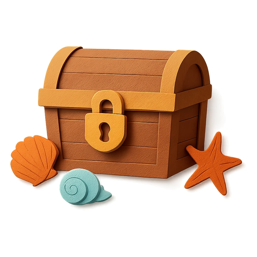 closed treasure chest with a lock, surrounded by seashells and starfish, paper-craft style sticker