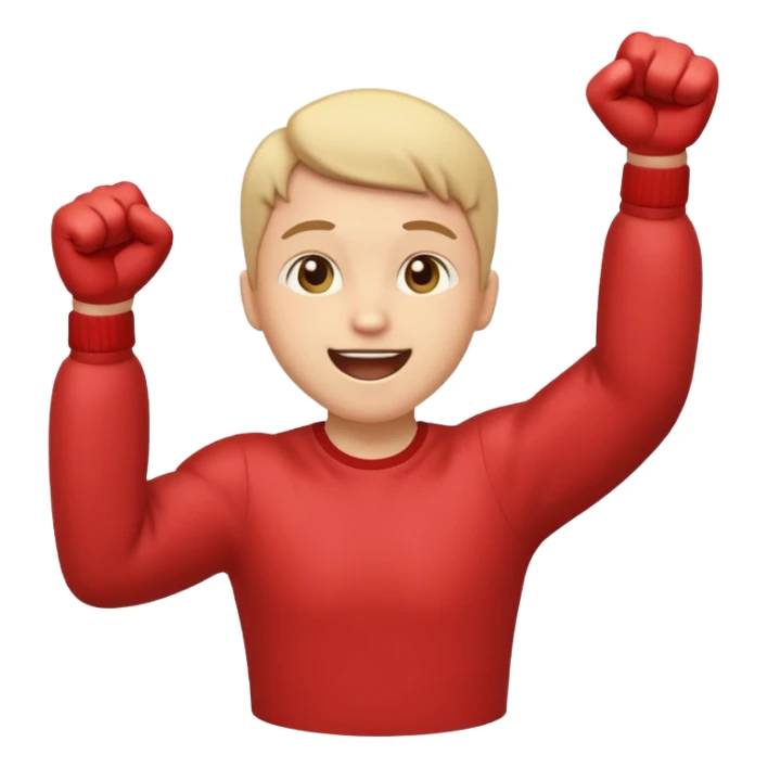 Emoji-style person jumping with fist up, excited expression, rounded cute style, soft shading, sticker