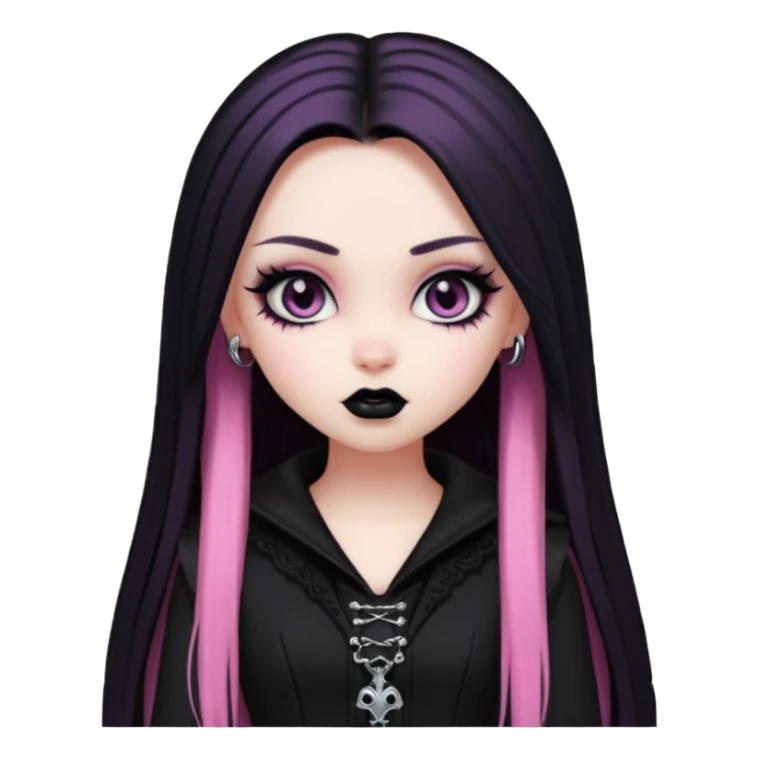 goth bratz baddie, beautiful eyes, gothic black makeup, long straight black-pink hair, black gothic hair styled, black goth clothes sticker