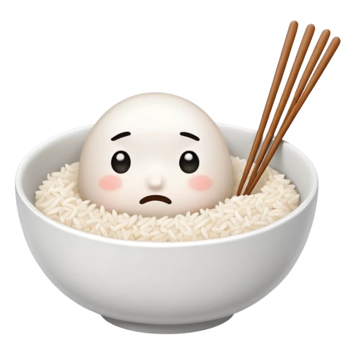 A bowl of rice with a tiny sad-worried face, holding chopsticks and a spoon — like it’s gently worried you haven’t eaten. sticker