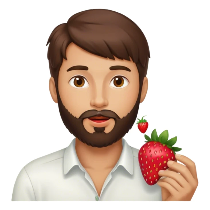 a brunette guy with a beard and toupee eating a strawberry sticker