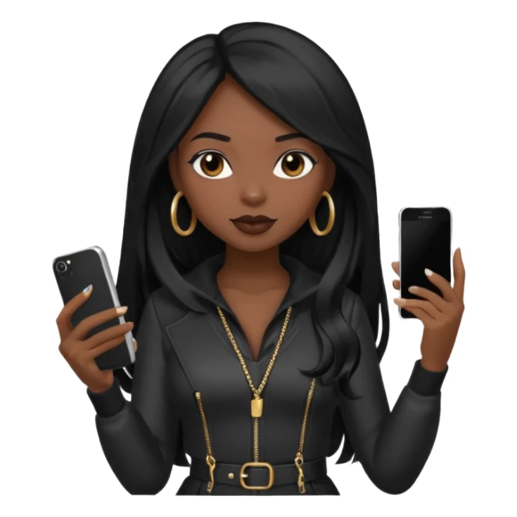 influencer girl black long haired, phone in hand, recording herself, confident, trendy, sticker