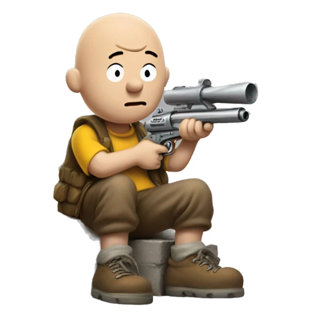 Homeless Charlie Brown with a t-shirt gun sticker