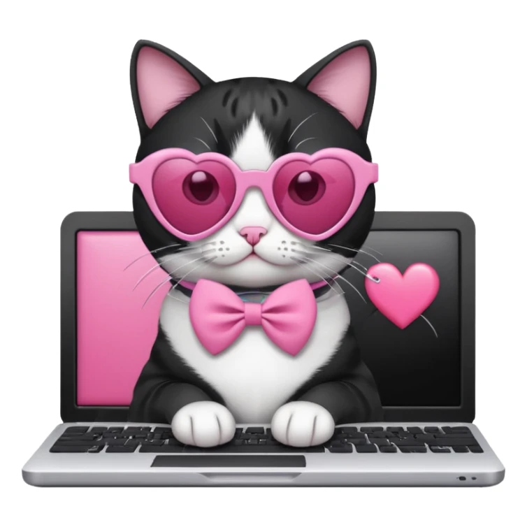 Black and white cat with pink ribbon and black cool sunglasses doing pink computer with pink heart sticker