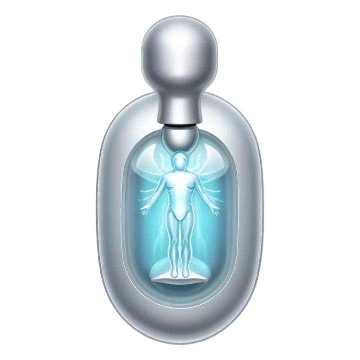 Silver semi-transparent capsule floating next to an ethereal glowing immune system figure, with a small shining shield over a luminous thyroid gland sticker