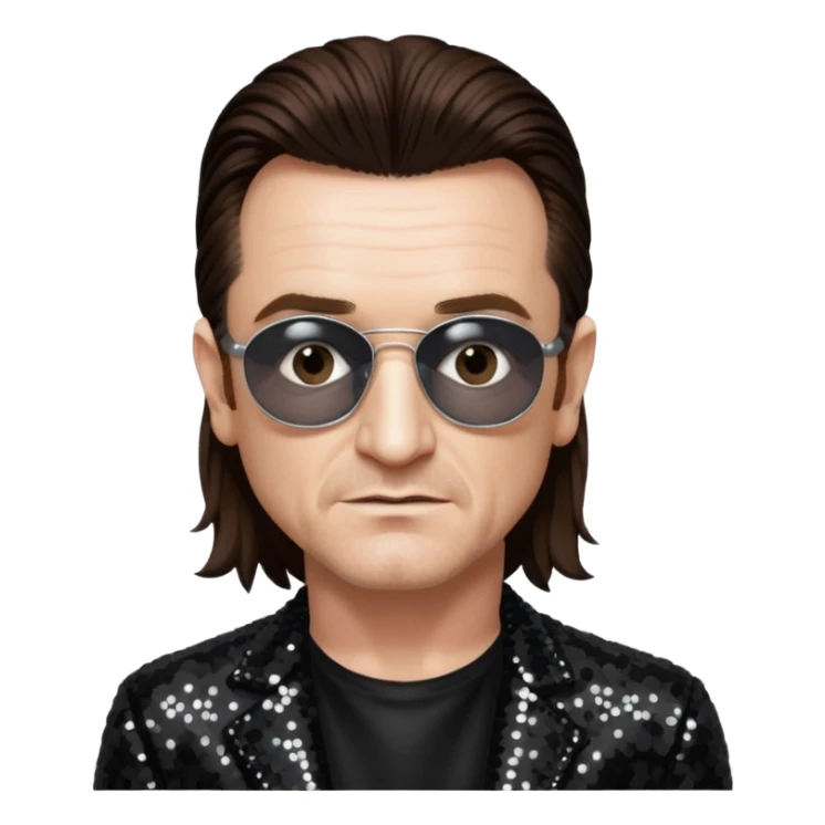 Bono from U2 with long dark brown hair, black sequin outfit  sticker