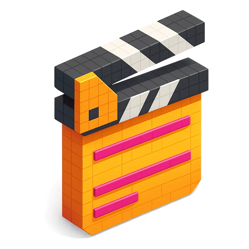 isometric view of a movie clapperboard in voxel style sticker