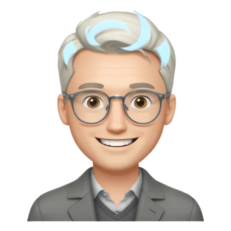 30 yr old pale white man, white/grey side swept stylish hair, round glasses, big smile, white teeth, handsome, longer hair, thin glasses,  smooth forehead, open collar, trendy sticker