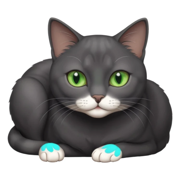 beautiful female solid dark grey cat with green eyes, white toes/paws and white patch on her chest lying down sticker