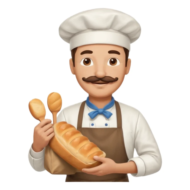 Middle aged male pastry chef - with a mustache, apron, white hat, holding a bag of bread sticker