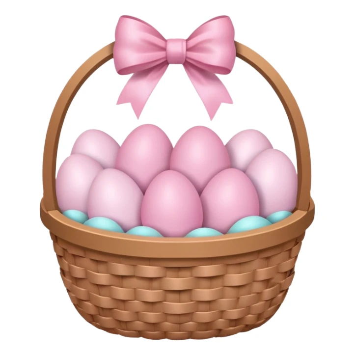 white basket full of light pink easter eggs with a light pink bow at the center sticker