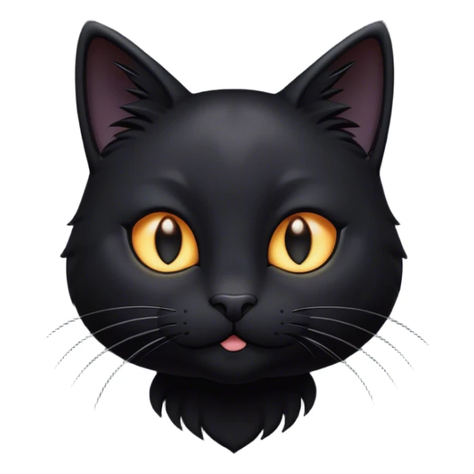 Cinematic Cute Black Cat Portrait Emoji, Head tilted playfully and inquisitively, sleek black fur with subtle hints of deep gray, Simplified yet adorable features, highly detailed, glowing with a warm, friendly glow, high shine, curious and affectionate, stylized with a touch of whimsy, bright and alert, soft glowing outline, capturing the essence of a mischievous yet loving kitten, so endearing it feels like it could pounce out of the screen and play! sticker
