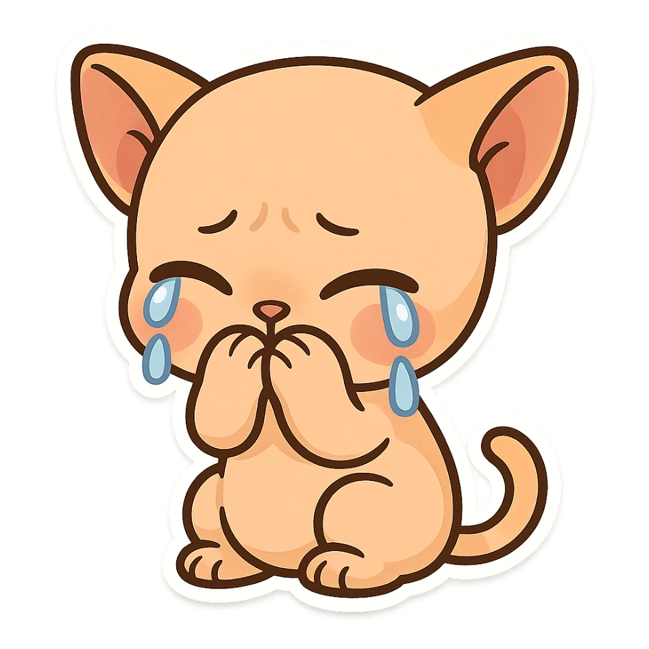 A bald orange cat with no hair on its head. The kitten is crying with its paws covering its mouth sticker