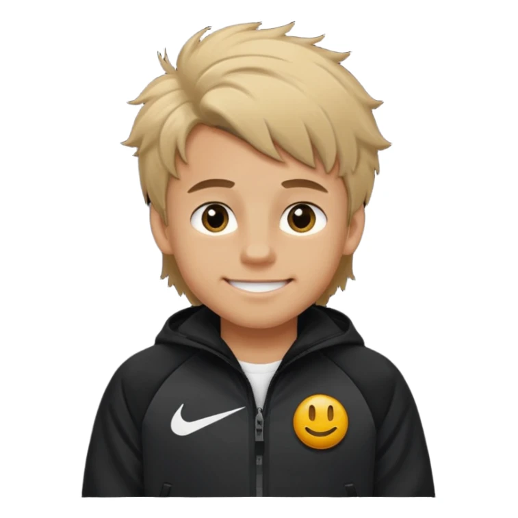 make a boy with fluffy dirty blond hair hazel eyes tan white smirky smile and nike tech sticker