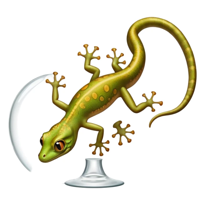 cinematic-gecko-realistic-full-body-climbing-emoji,-tiny-agile-frame-sticking-to-a-glass-surface-with-specialized-toes,-smooth-speckled-skin-in-rich-earthy-tones,-large-glistening-eyes-wide-and-watchful,-delicate-curved-tail-balancing sticker