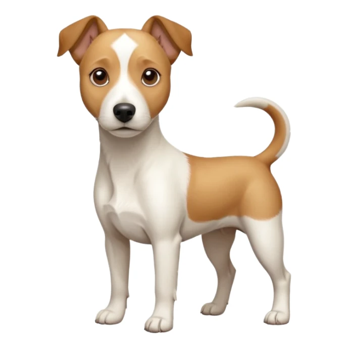 a full body facing front on of a buff white beagle cross jack russell terrier looking dog the size of a kelpie with light brown long ears resting on its face and a light brown patch above one eye and a large snout. the rest of the dog is completely white.  sticker