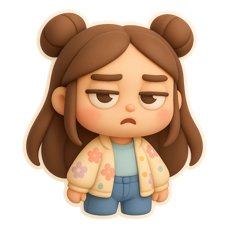 3D chibi style mochi girl, high-quality rendering with smooth shadows and soft gradients, long brown hair in two space buns, brown eyes, jeans, pastel floral cardigan, thick white outline like a sticker, transparent background, rolling her eyes like 'oh please', preserve facial features from reference image sticker