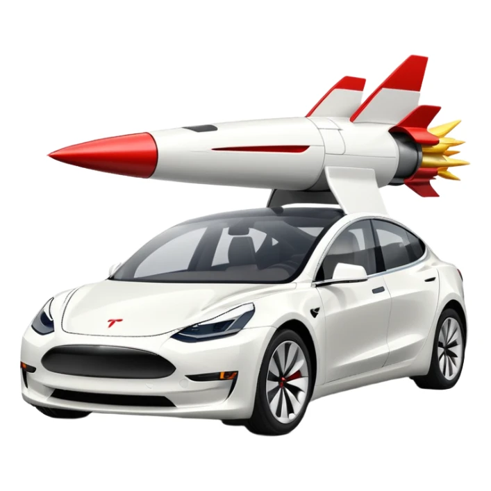 Tesla model 3 white.  Rockets mounted on roof sticker