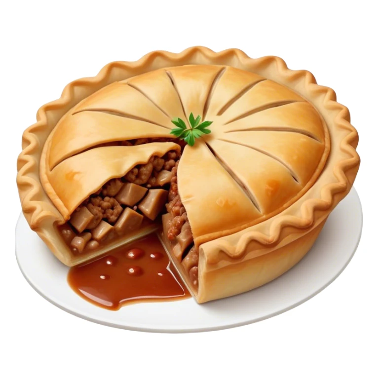 Cinematic Realistic Meat Pie Dish Emoji, showcasing a flaky pastry filled with rich, hearty meat gravy, rendered with lifelike detail and warm, inviting lighting. sticker