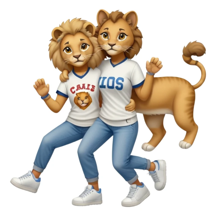 friendly anthropomorphised female lion in a baseball shirt, jeans, and trainers helping a hiphop female cat up after falling sticker
