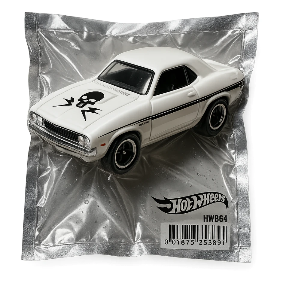 white 1971 Dodge Challenger Hot Wheels toy car, glossy and puffy, inspired by the movie 'Death Proof' sticker