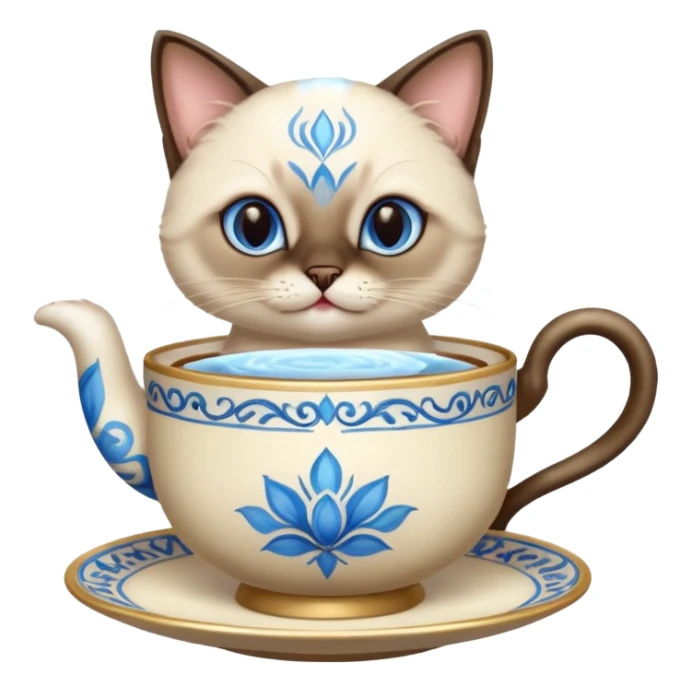Happy Siamese cat holding an ornate tea cup between its front two paws sticker