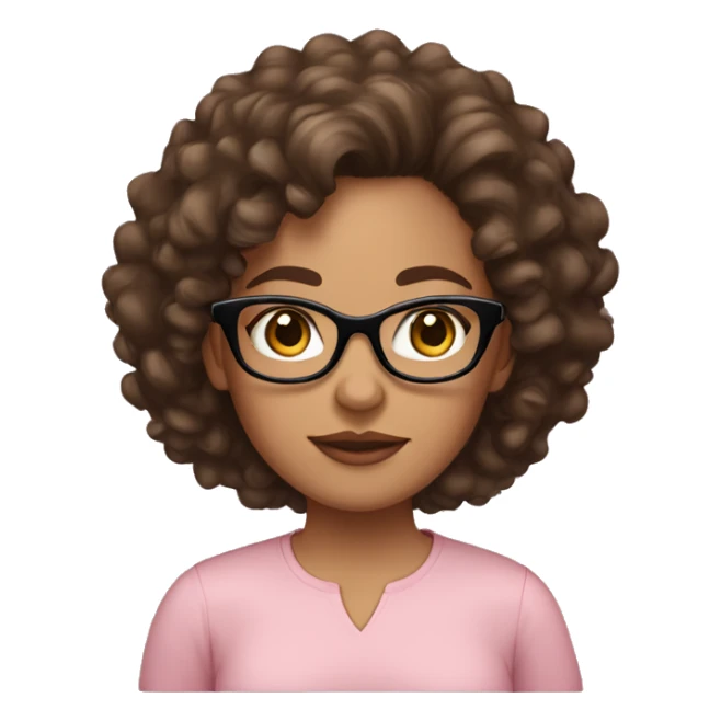 A women with brown medium curly hair, light skinned, full cheeks, black glasses, blush pink shirt sticker