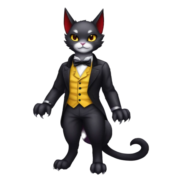 Cute-Evil-Vampiric-Batty-Cat-Black-Purple-Red-Grey-White-Yellow-Contrast-Colors-Fantasy-Fur-Sona-Chibi-Shiny-Fakémon-Hybrid with horns and big fangs neck bow tie leg spats full body sticker