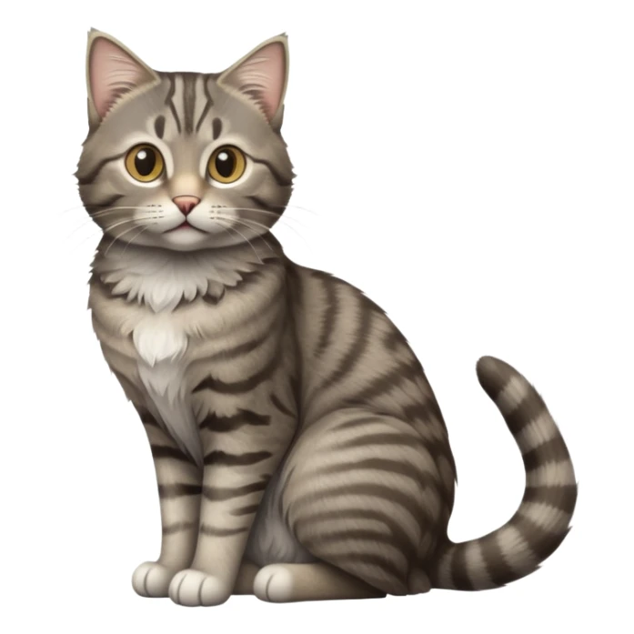 cinematic-[grey brown tabby cat]-realistic-full-body-sitting-emoji,-tail-curled-playfully-around-its-paws,-head-tilted-dramatically,-scruffy-[grey]-fur,-simplified-yet-realistic-focused-features,-highly-detailed,-glowing-with-an-almost-sarcastic-glow sticker