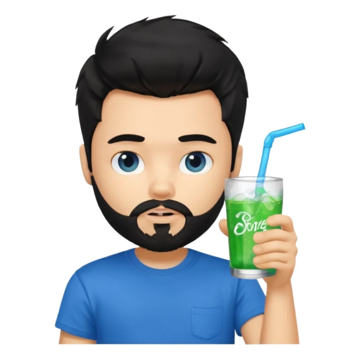 generate a pretty bratz boy with a messy black hair, drinking sprite, bearded, blue tshirt sticker