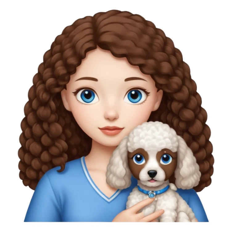 beautiful brown haired girl with blue eyes holding a white javanese poodle  sticker