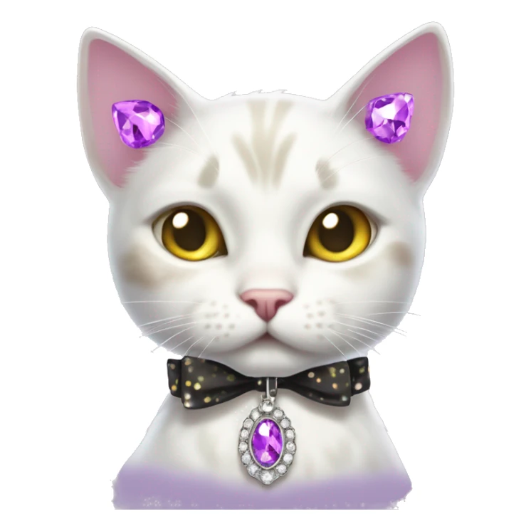 White cat with brown and black spots with yellowish greenish eyes and white whiskers with a sparkly rhinestone purple necklace collar thing with a bow on her ear sticker