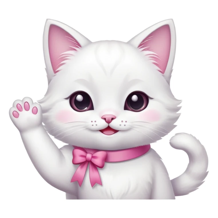 A cute white cat is sitting, waving its paw and smiling. She has a beautiful pink bow around her neck sticker