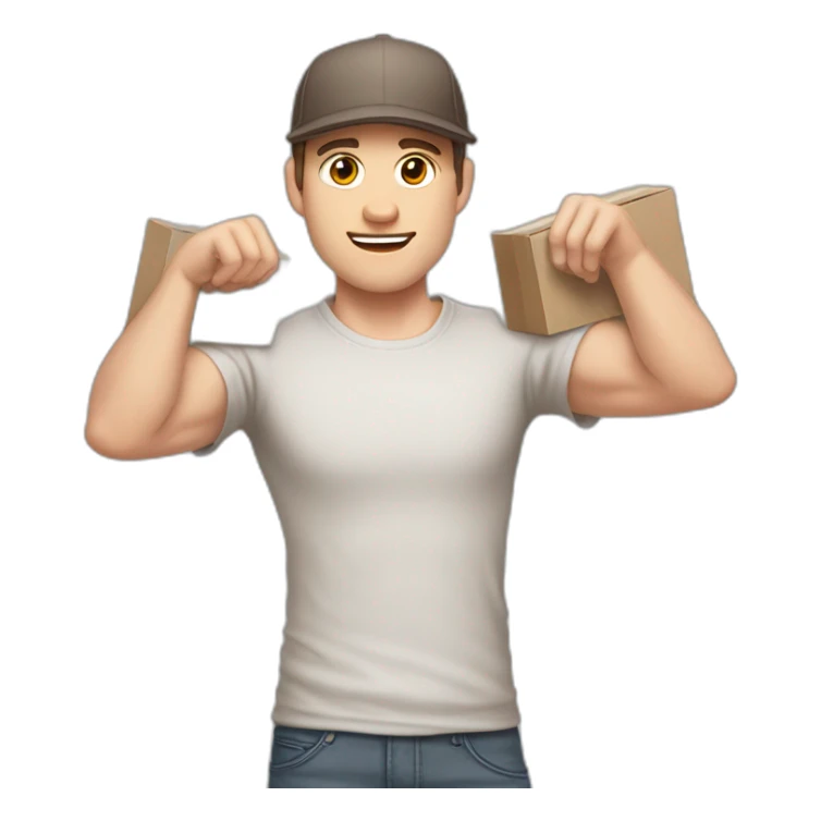 Pale skinned fit Man with dark brown hair in a light gray cap, dark brown jeans, brown polo and white T-shirt keeping a pasted with tape white box into his hands sticker
