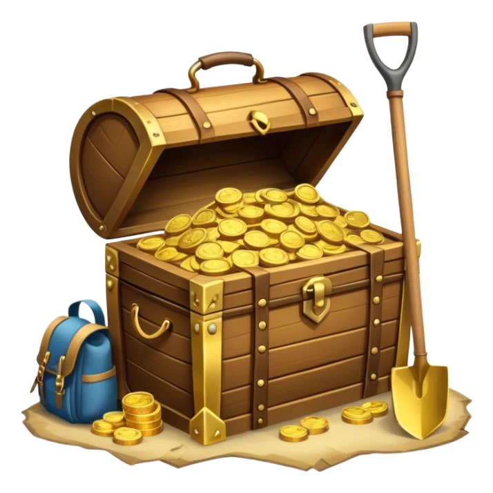 An icon showcasing a treasure chest filled with gold, a treasure map rolled up beside it, a backpack and shovel. The design captures the essence of treasure hunting, exploration, and excitement, set on a transparent background to emphasize the thrill of discovery. sticker