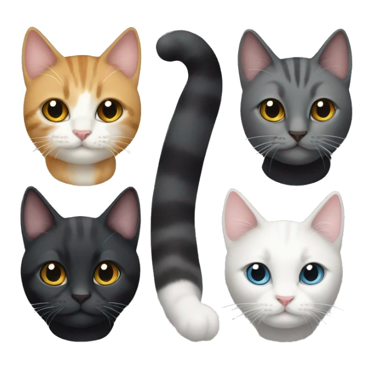 Four cats: two all black cats, a tabby cat, and a white and grey cat sticker