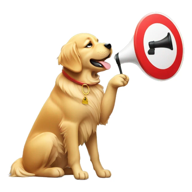 Golden retriever blowing whistle holding stop sign sticker