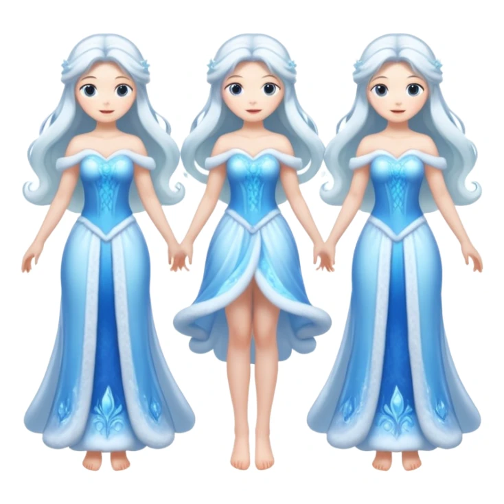 An ice Snow Maiden character with two arms and two legs, full body, front view, back view, side view, three-quarter view, consistent character design, translucent ice material, winter fairy tale style. sticker