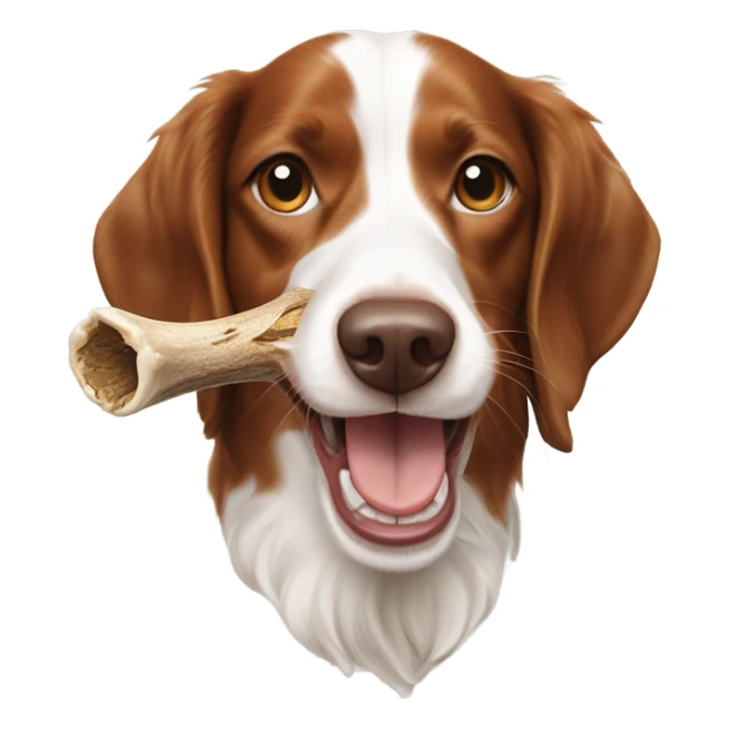 A Brittany spaniel dog eating a deer horn sticker