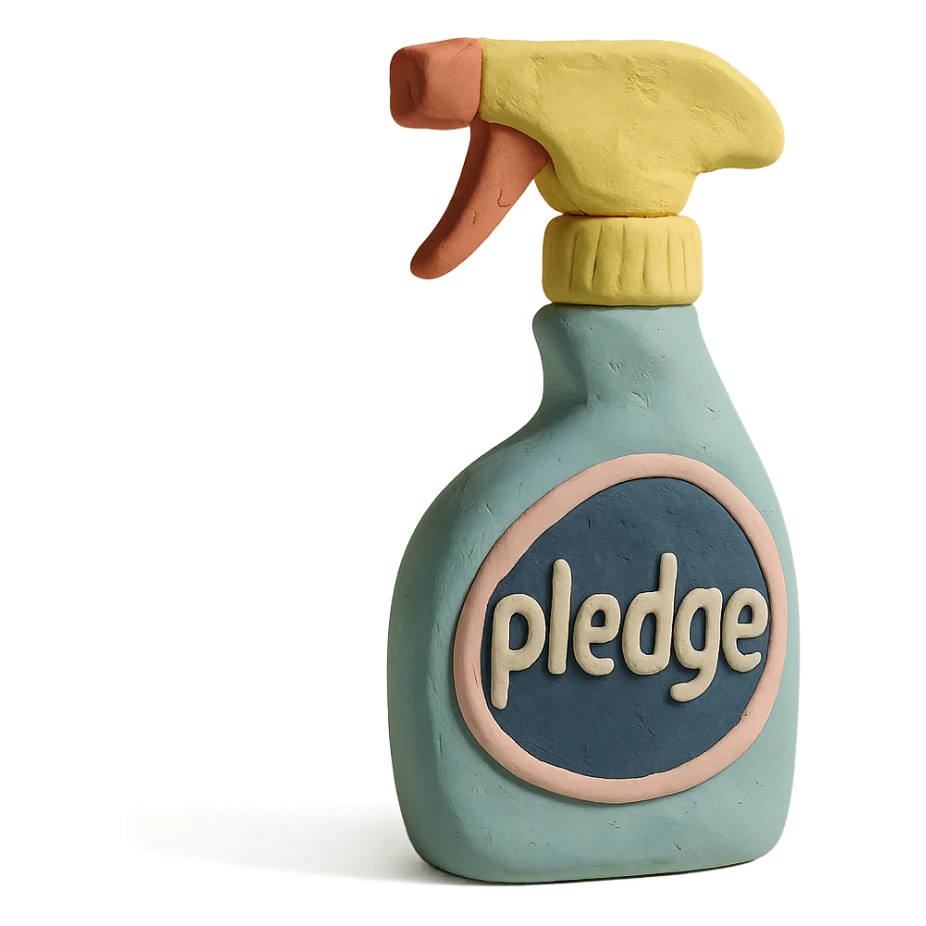 claymation style Pledge-inspired furniture polish bottle with a spray nozzle, playful arrangement, pastel palette sticker