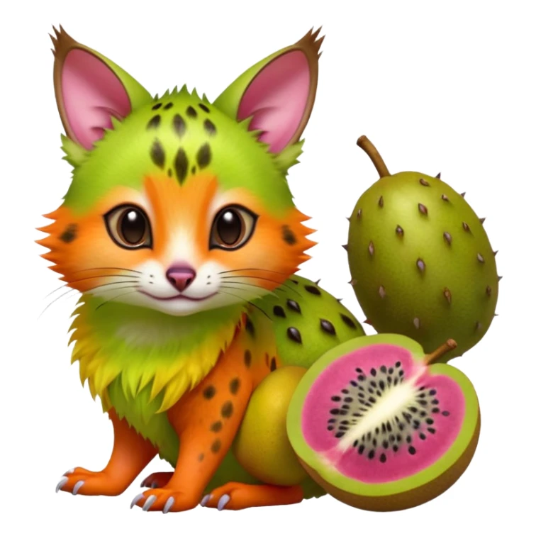 Hyper realistic  tropical-fruit-splash-colored fur of kiwi-green-lime-green-gradients, papaya-orange, and dragonfruit-pink chaos beautiful elegant pretty precious cute  Fakémon-Pokémon-opossum-feline-serval-caracal-chinchilla-Furret-Minccino-hybrid-creature with a big fluffy bushy tail (full body) sticker