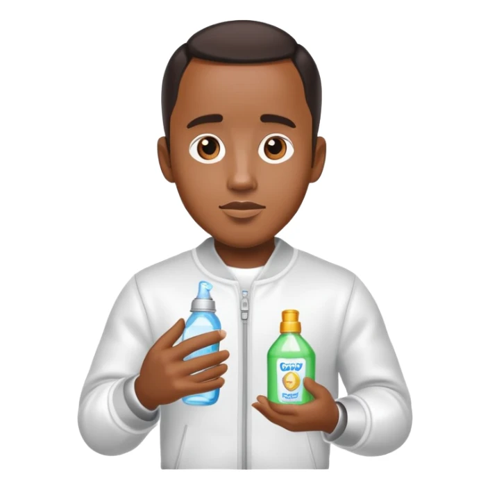 Diddy wearing a party outfit holding baby oil sticker