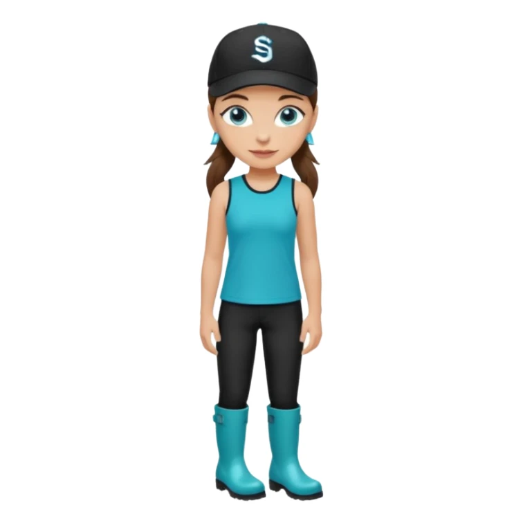 A landscaper in a beautiful turquoise longsleve and turquoise rubber boots, black pants, and a black sleeveless shirt. On her head is a black color Swissotel baseball cap. The girl is a brunette with blue eyes. sticker