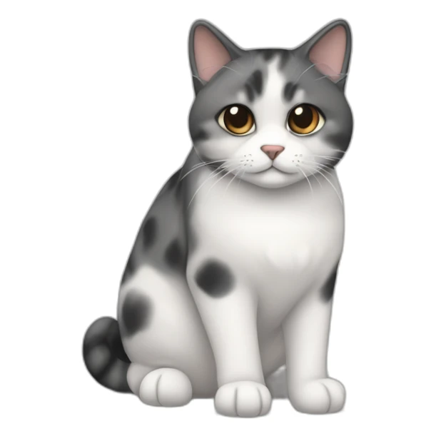senior chubby diluted calico cat, white chin, black nose, grey ears, grey and white sticker