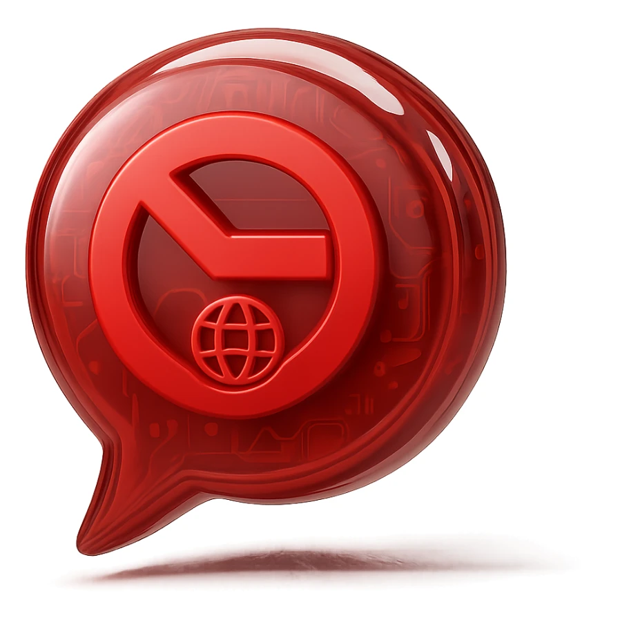 Create a Slack emoji icon in the glossy circuit style as the reference image. Show a minimalist red chat bubble with a red stop sign and a small globe or external link symbol, indicating a conversation blocked by an external party. The icon should be easy to recognize and clear at small size with bold lines and a glossy red chat bubble base. sticker